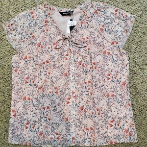 Allegra K Floral Print Blouse Tie V Neck Ruffled Short Sleeve L NWT